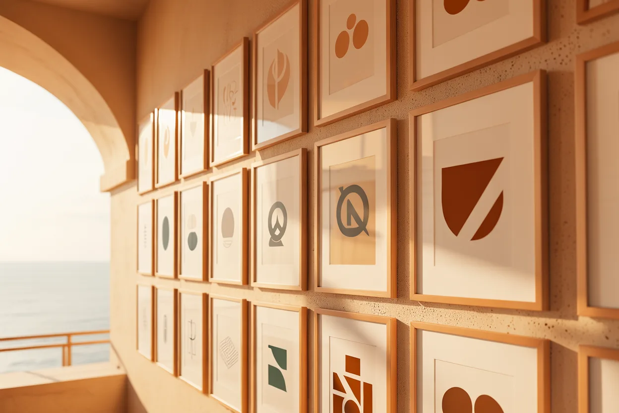 A wall of abstract brand identity marks and studies